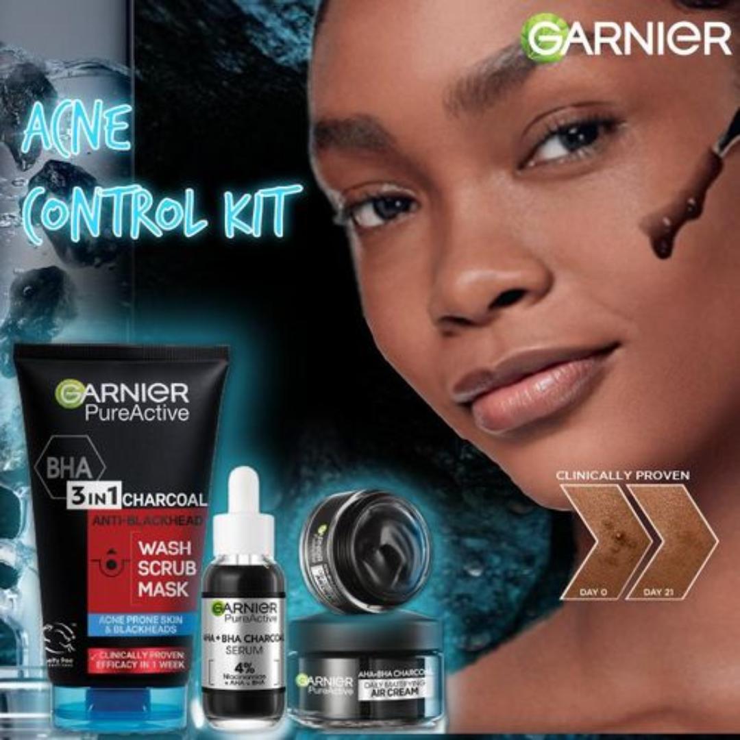 Garnier Acne Control Routine Kit: Pure Active 3 in 1 Charcoal Wash, Scrub, Mask 150ml+ AHA+BHA Charcoal Serum 30ml+ Mattifying Air Cream 50ml
