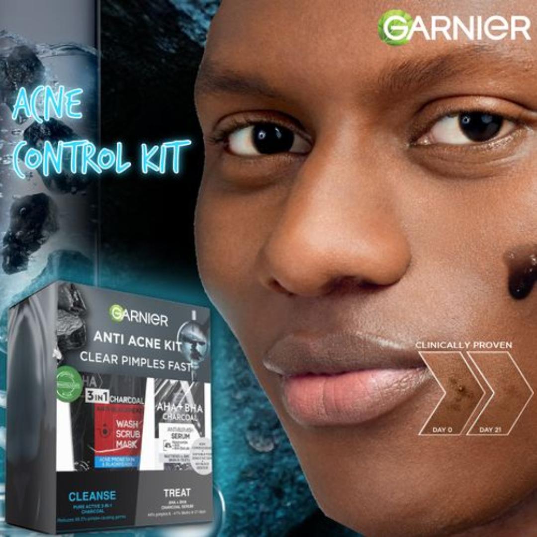Garnier Anti Acne Cleanser & Treatment Kit: Garnier AHA+BHA Charcoal Serum 30ml + Pure Active 3-in-1 Charcoal Mask. Wash, Scrub 150ml