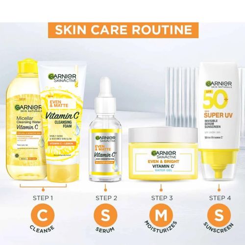 Garnier Even & Matte EVEN GLOW MINI-ROUTINE KIT: Super UV SPF 50 Sunscreen + Water Gel Glow Moisturizer + Day Booster Serum 15ml + Vitamin C Cleanser 50ml.