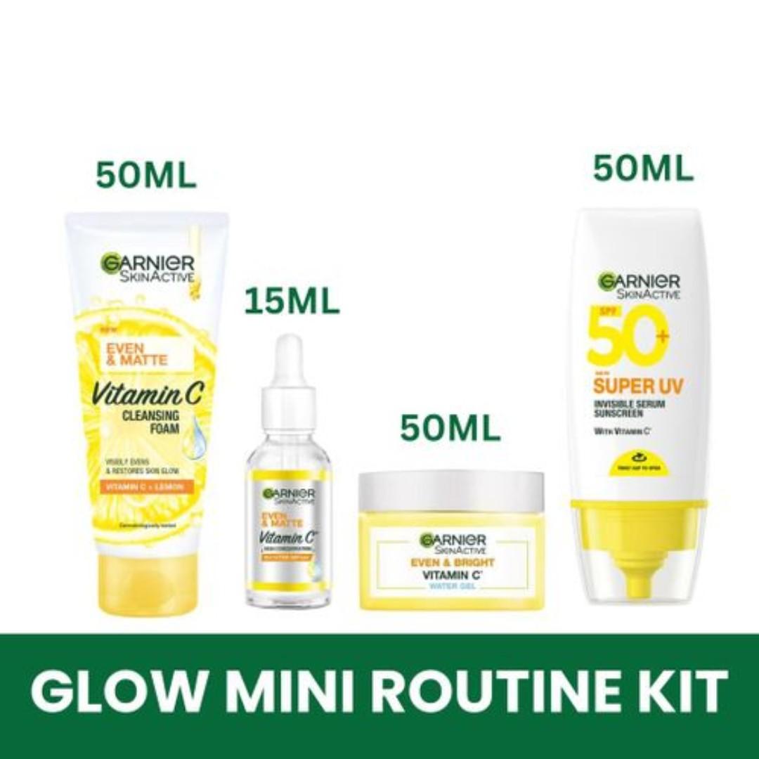 Garnier Even & Matte EVEN GLOW MINI-ROUTINE KIT: Super UV SPF 50 Sunscreen + Water Gel Glow Moisturizer + Day Booster Serum 15ml + Vitamin C Cleanser 50ml.
