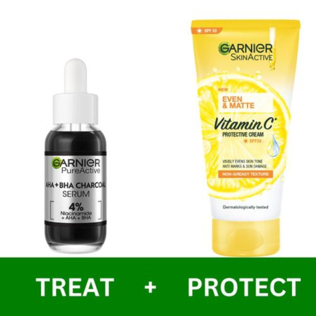 Garnier Skin Care Kit - Garnier Charcoal Serum + Even & Matte UV Protection SPF 30, visibly Evens Skin Tone, Anti Marks & Sun Damage