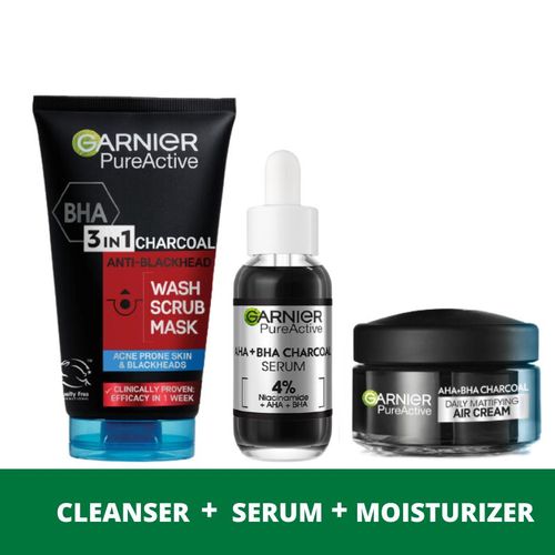 Garnier Acne Control Routine Kit: Pure Active 3 in 1 Charcoal Wash, Scrub, Mask 150ml+ AHA+BHA Charcoal Serum 30ml+ Mattifying Air Cream 50ml