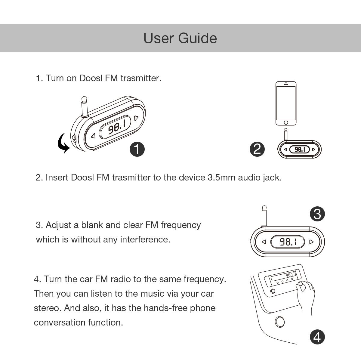 FM Transmitter compatible with iphone,samsung smart phone,ipod,MP3/MP4 player and other devices with 3.5 mm audio jack