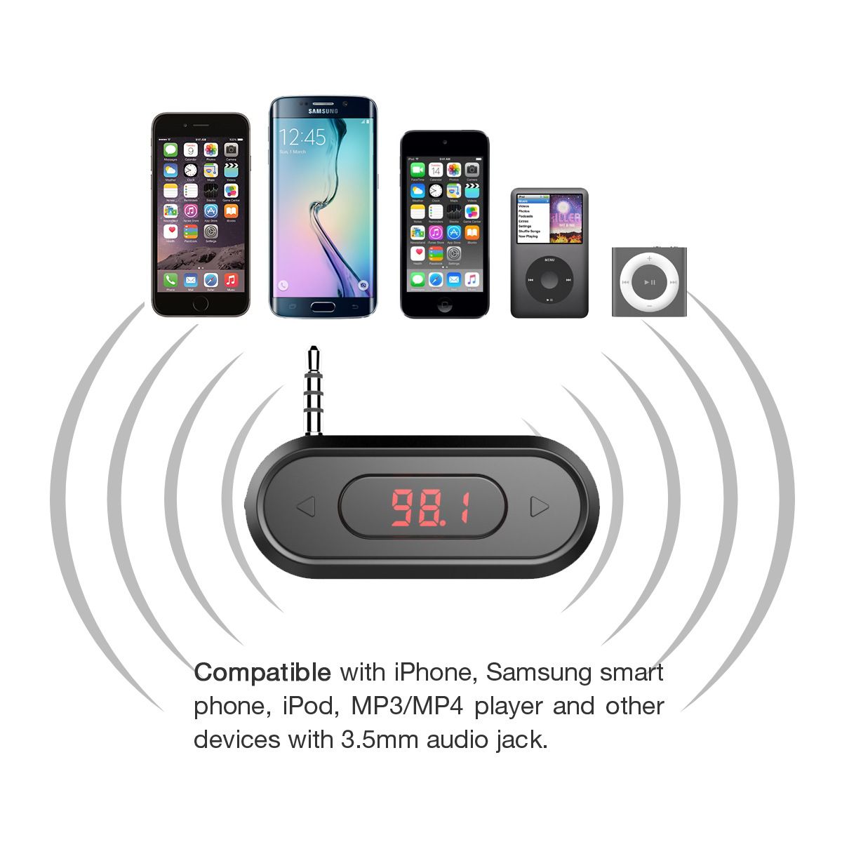 FM Transmitter compatible with iphone,samsung smart phone,ipod,MP3/MP4 player and other devices with 3.5 mm audio jack