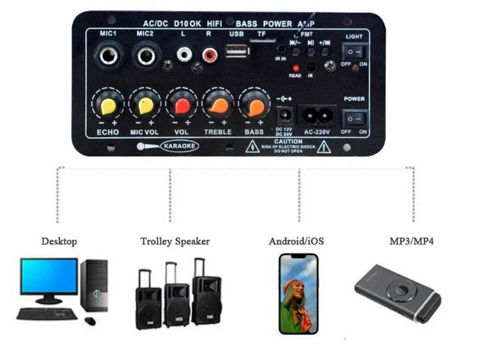 D10 Digital Bluetooth Amplifier Board Subwoofer Dual Microphone AMP for 8-12 inch 4ohm Speaker 12V/24V 110-220V