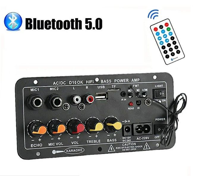D10 Digital Bluetooth Amplifier Board Subwoofer Dual Microphone AMP for 8-12 inch 4ohm Speaker 12V/24V 110-220V