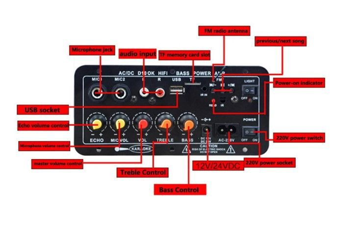 D10 Digital Bluetooth Amplifier Board Subwoofer Dual Microphone AMP for 8-12 inch 4ohm Speaker 12V/24V 110-220V