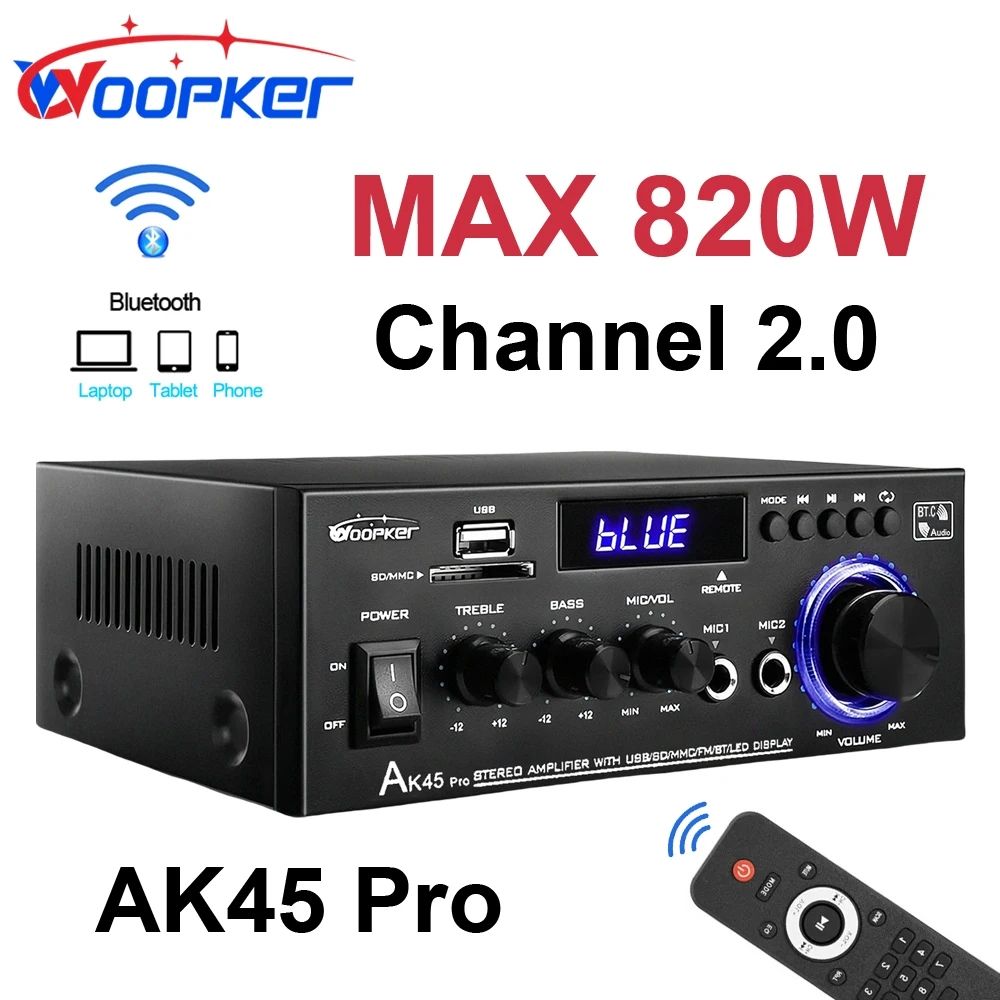 Woopker Digital Amplifier AK45 Pro HiFi Surround Sound Max Power 820W Channel 2.0 Bluetooth 5.0 Audio Amplifier for Family Car