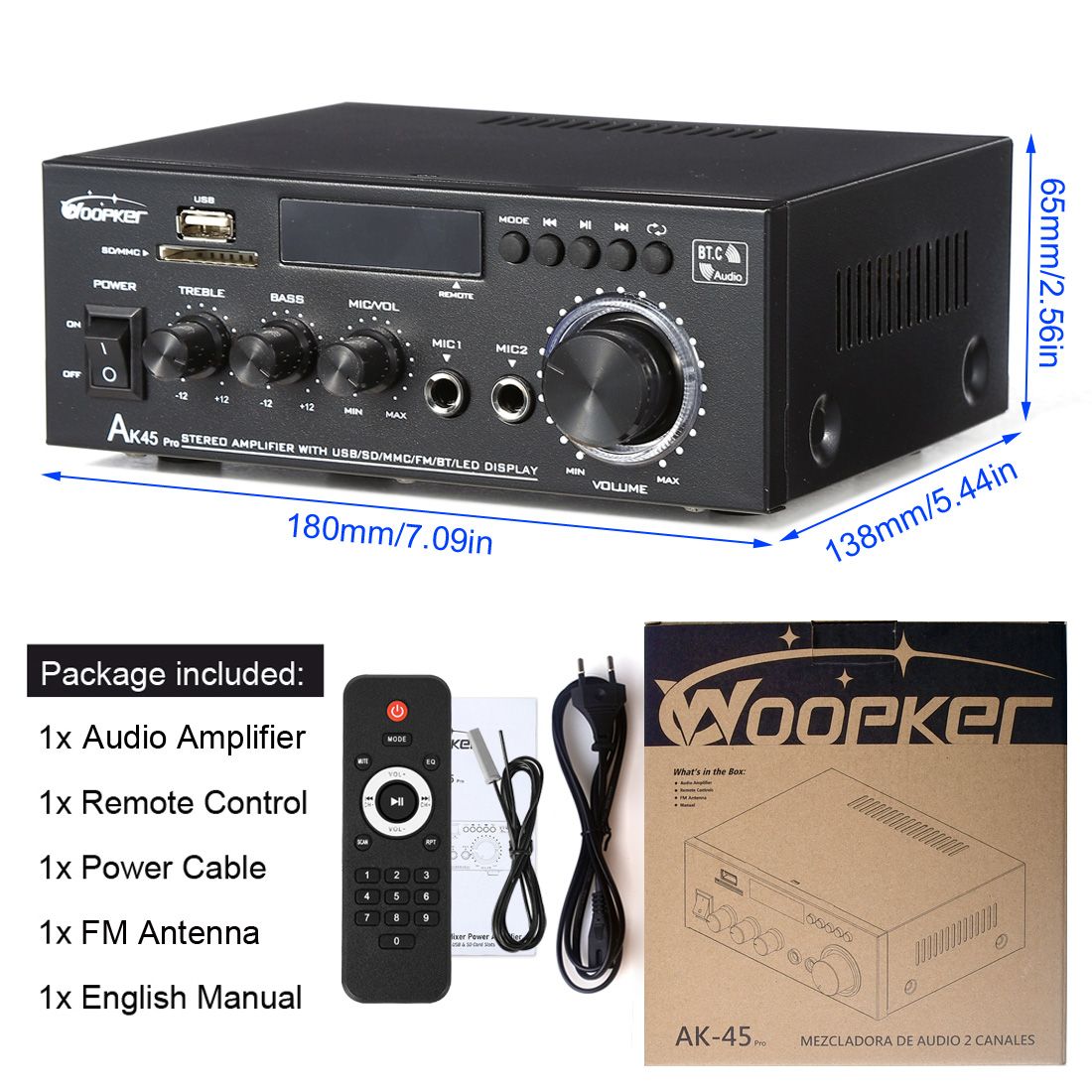 Woopker Digital Amplifier AK45 Pro HiFi Surround Sound Max Power 820W Channel 2.0 Bluetooth 5.0 Audio Amplifier for Family Car