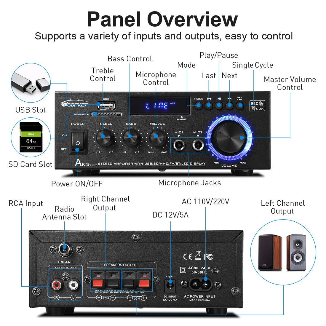 Woopker Digital Amplifier AK45 Pro HiFi Surround Sound Max Power 820W Channel 2.0 Bluetooth 5.0 Audio Amplifier for Family Car