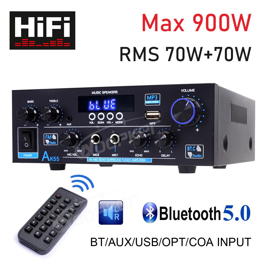 Woopker Amplifier AK55 900W Max 2.0 Channel Rated 70W+70W Bluetooth Audio Hifi AMP Karaoke Music Player