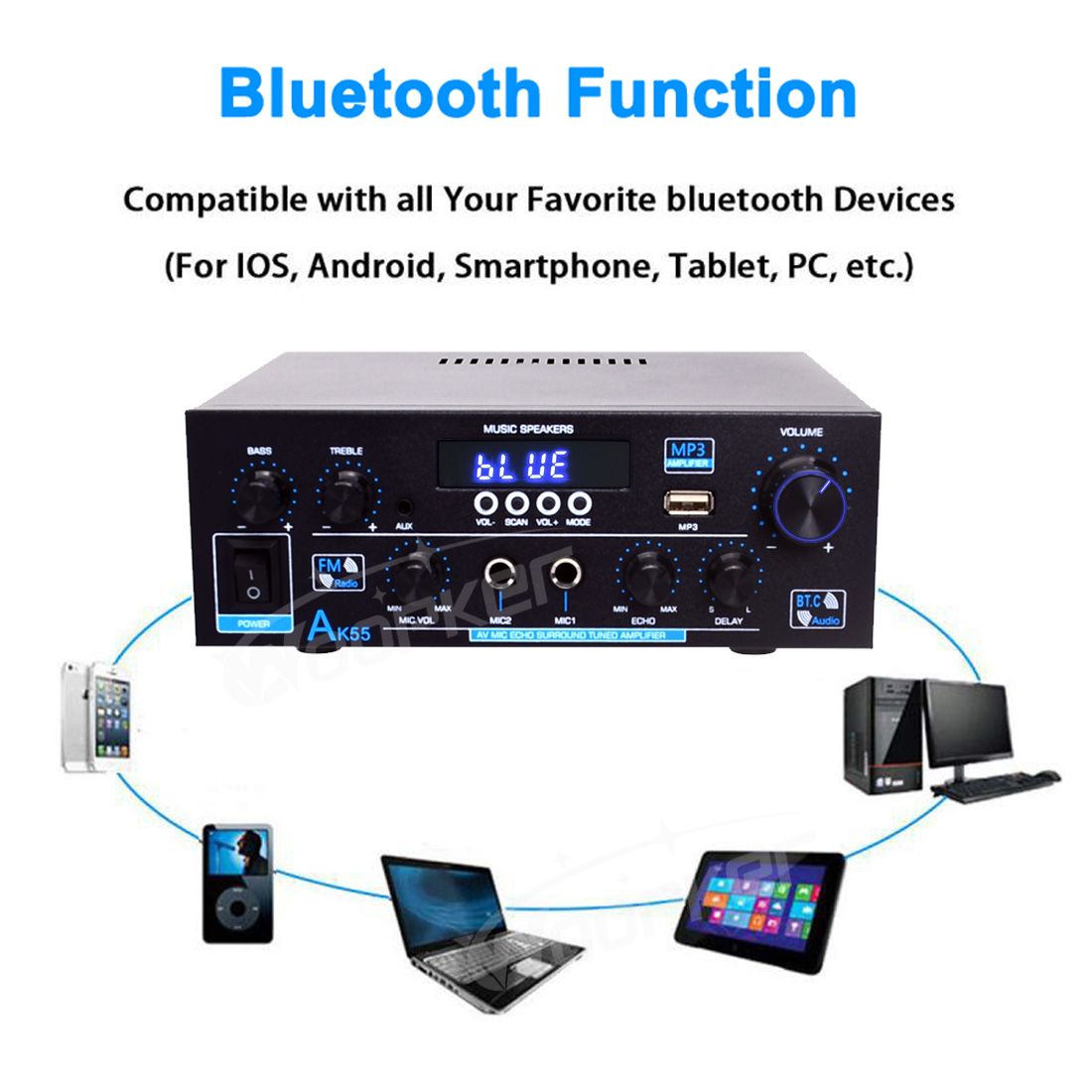 Woopker Amplifier AK55 900W Max 2.0 Channel Rated 70W+70W Bluetooth Audio Hifi AMP Karaoke Music Player