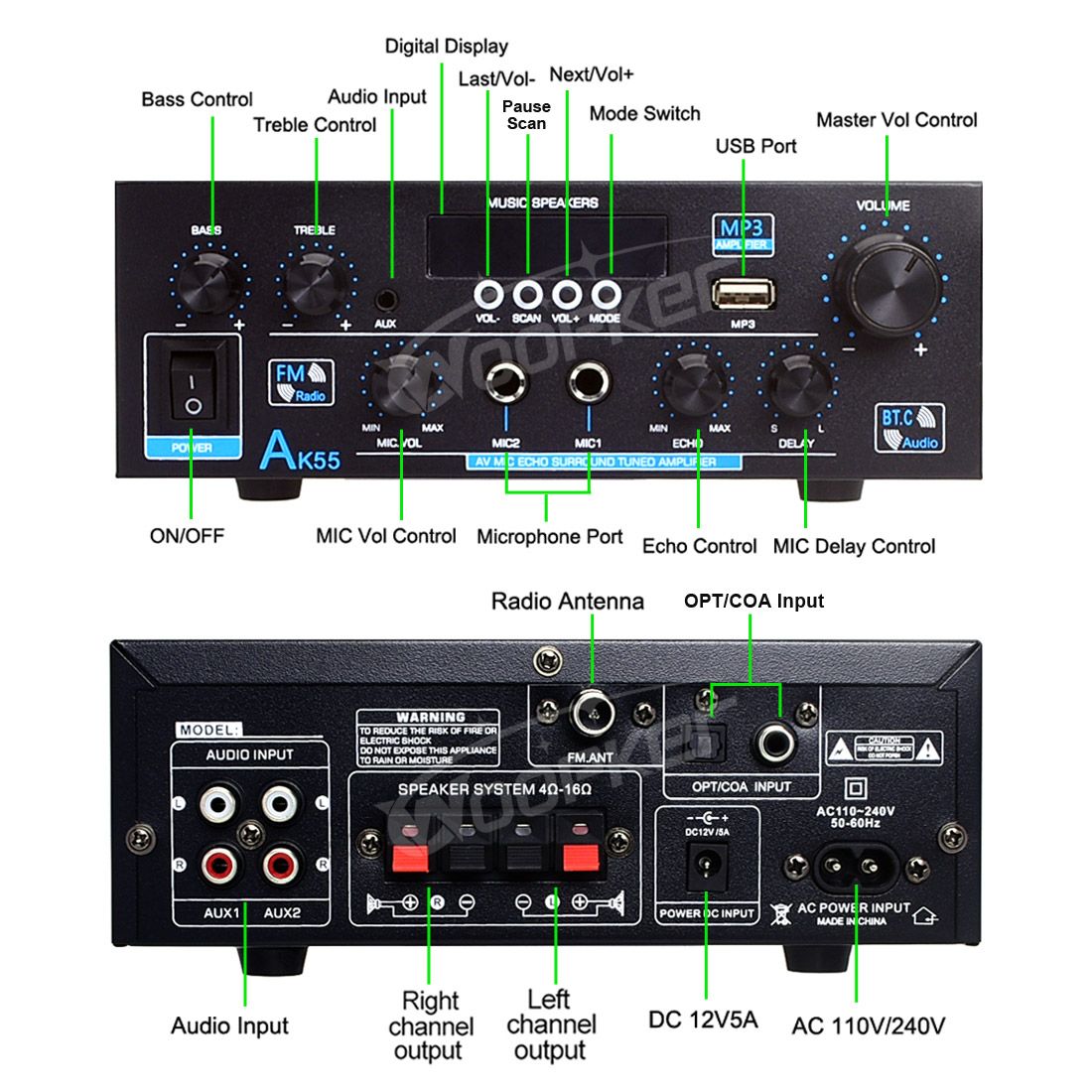 Woopker Amplifier AK55 900W Max 2.0 Channel Rated 70W+70W Bluetooth Audio Hifi AMP Karaoke Music Player