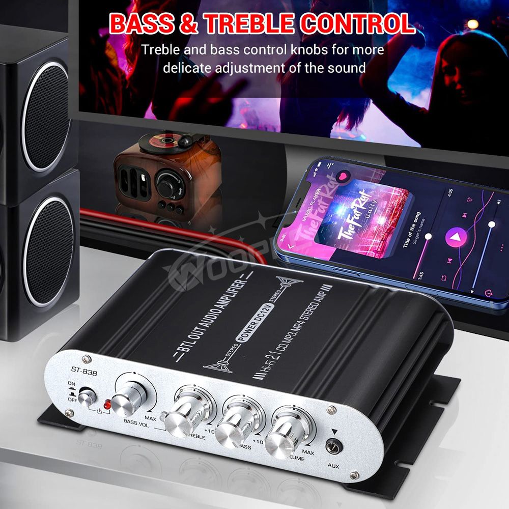 ST838 Sound Amplifier 2.1CH Power Amplifiers For Home Car Meeting Theater AMP 20Wx2+40W Class D Stereo Treble Bass Sound Amplify