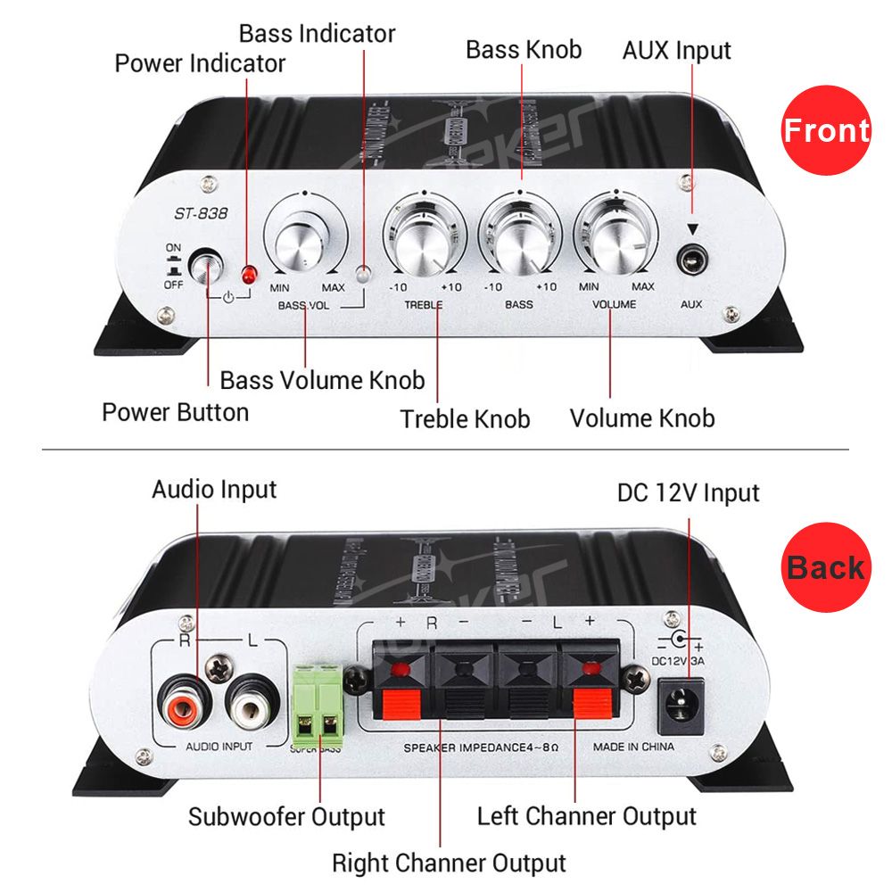 ST838 Sound Amplifier 2.1CH Power Amplifiers For Home Car Meeting Theater AMP 20Wx2+40W Class D Stereo Treble Bass Sound Amplify
