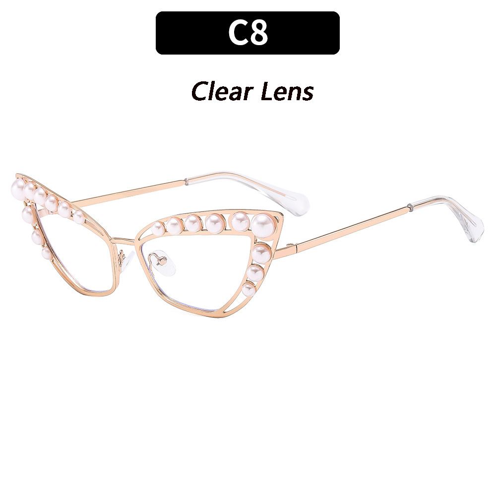 New Vintage Cat Eye Cool Sunglasses with Pearls Women New Stylish Candy Color Shades Trendy Brand Design Decorative Sun Glasses