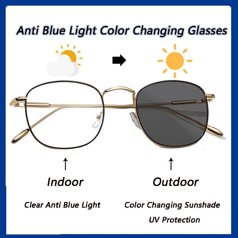 Fashion Big Square Metal Frame Men Photochromic Glasses Anti-Blue Light Color Change Glasses Women Men Eye Protection Spectacles