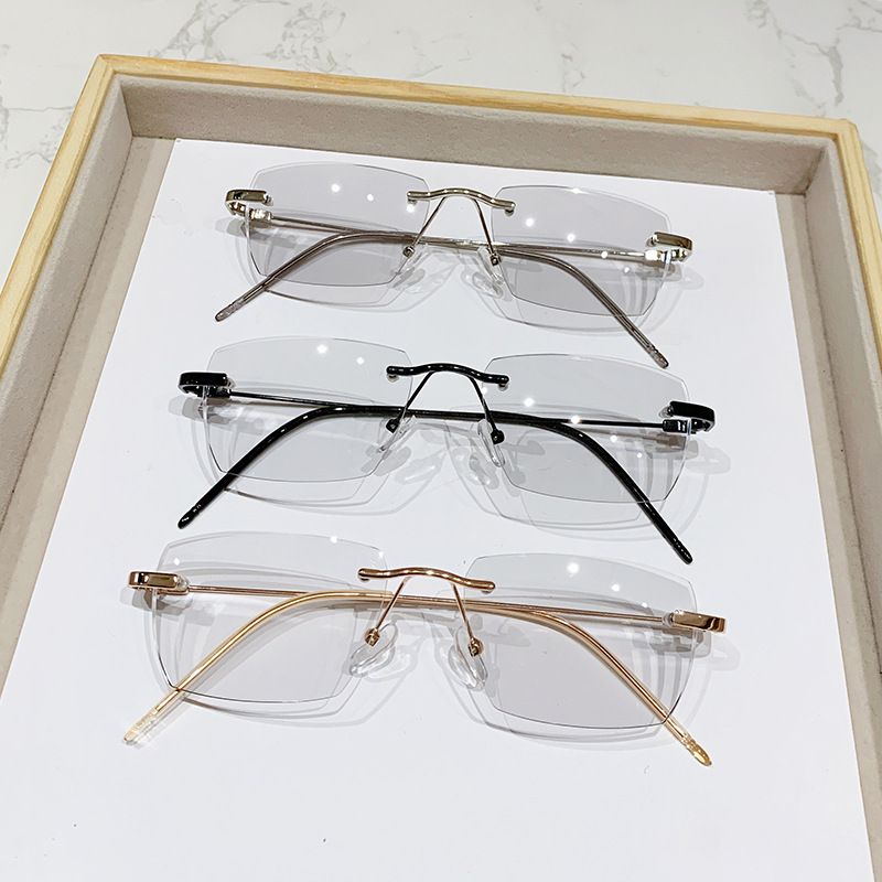 Intelligent Photochromic Anti-blue Glasses Frameless Temperament Flat Lens Burst Glasses Men UV400 Driving Men's Sun Glasses