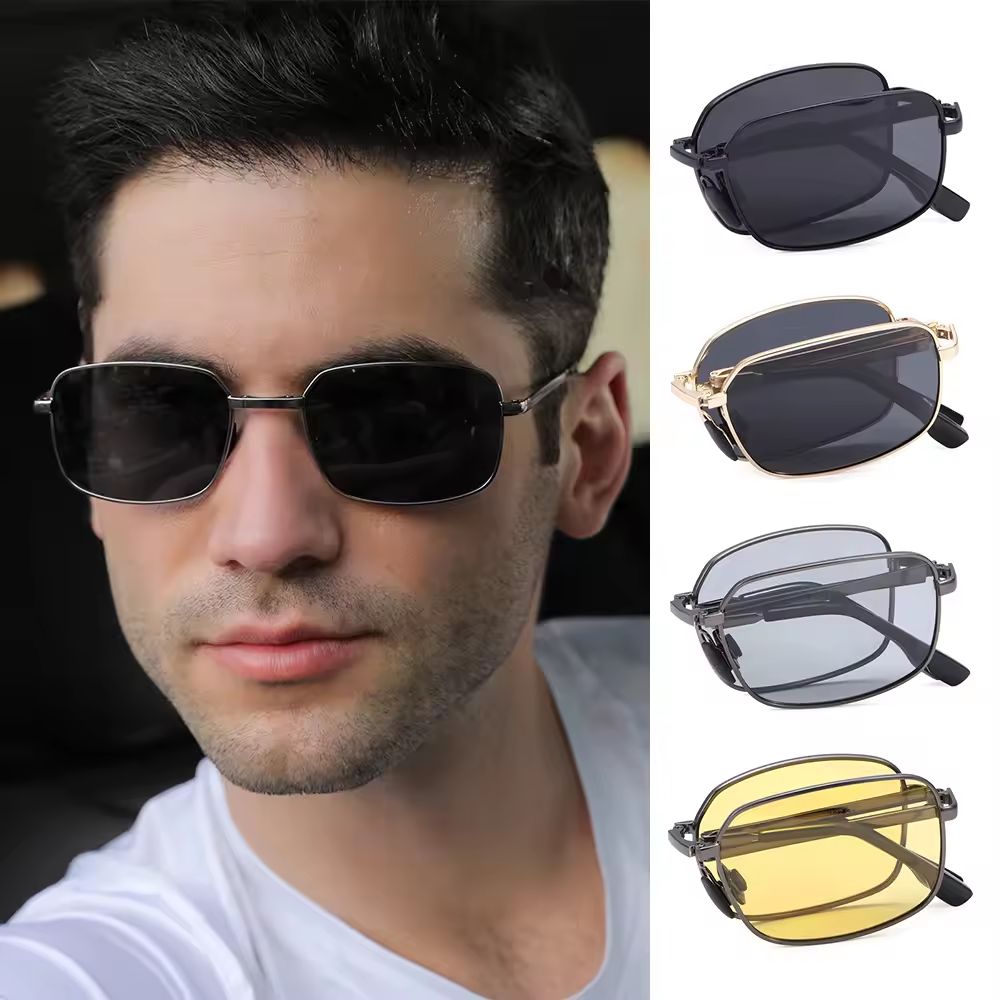 New Portable Folding Sunglasses for Men Women Fashion Square Metal Frame Sunglasses Night Vision Eyewear Driving UV400 Glasses