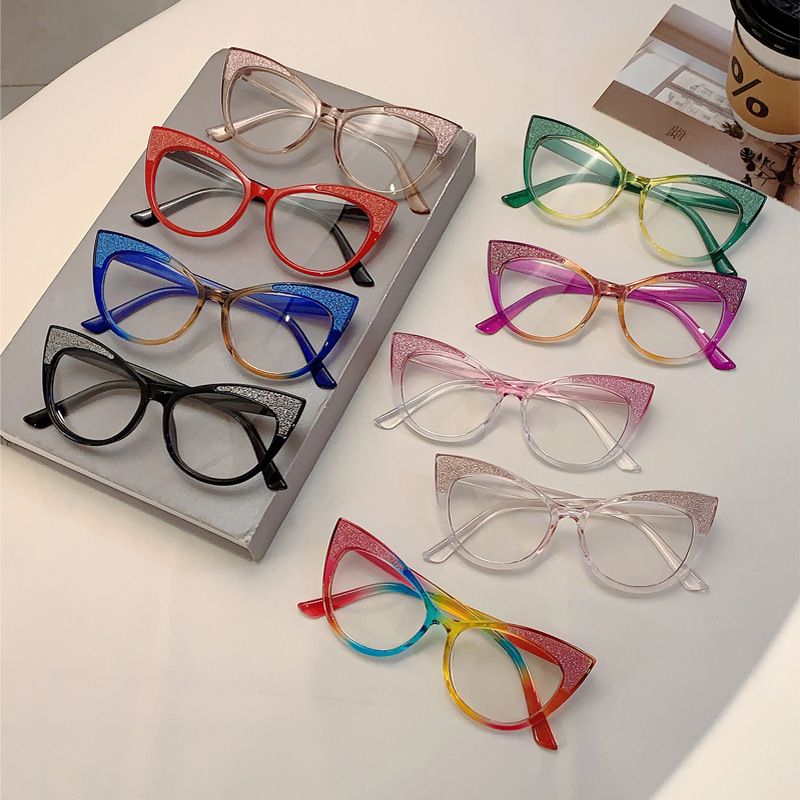 New Fashion Cat's Eye Frame Personalized Color Collision Anti Blue Light Glasses Trendy Non Degree Flat Light Glasses for Women