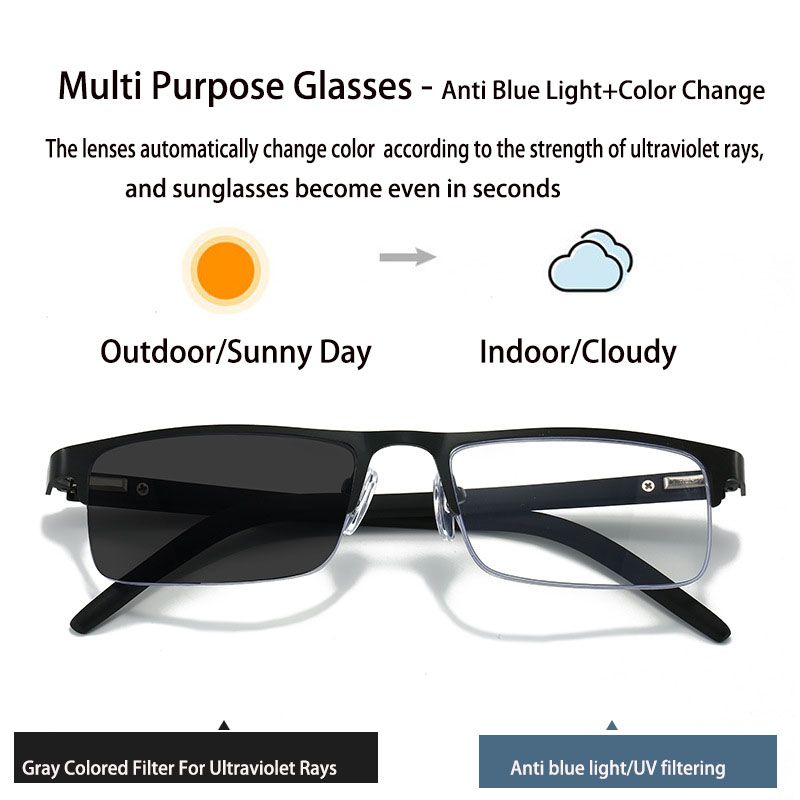 Photochromic Anti Radiation Blue Light Eyeglasses Square Metal Frame Computer Glasses for Women Men Transparent Lens Eyegalsses