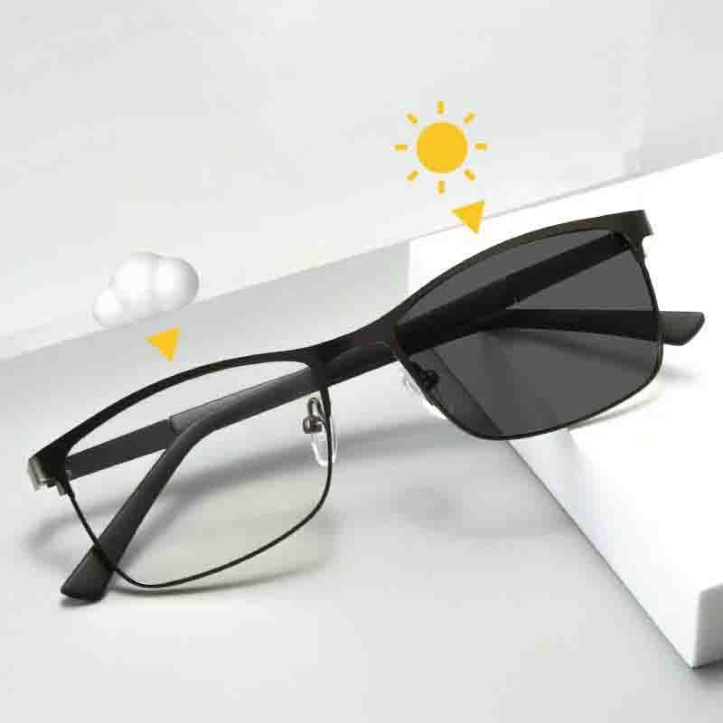 Fashionable Metal Half-frame Photochromic Presbyopia Glasses Men's Business HD Anti-blue Light Reading Glasses Diopter 0 To +4.0