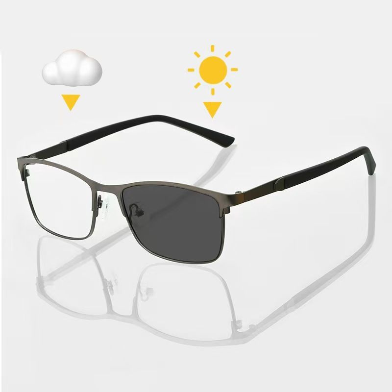 Fashionable Metal Half-frame Photochromic Presbyopia Glasses Men's Business HD Anti-blue Light Reading Glasses Diopter 0 To +4.0