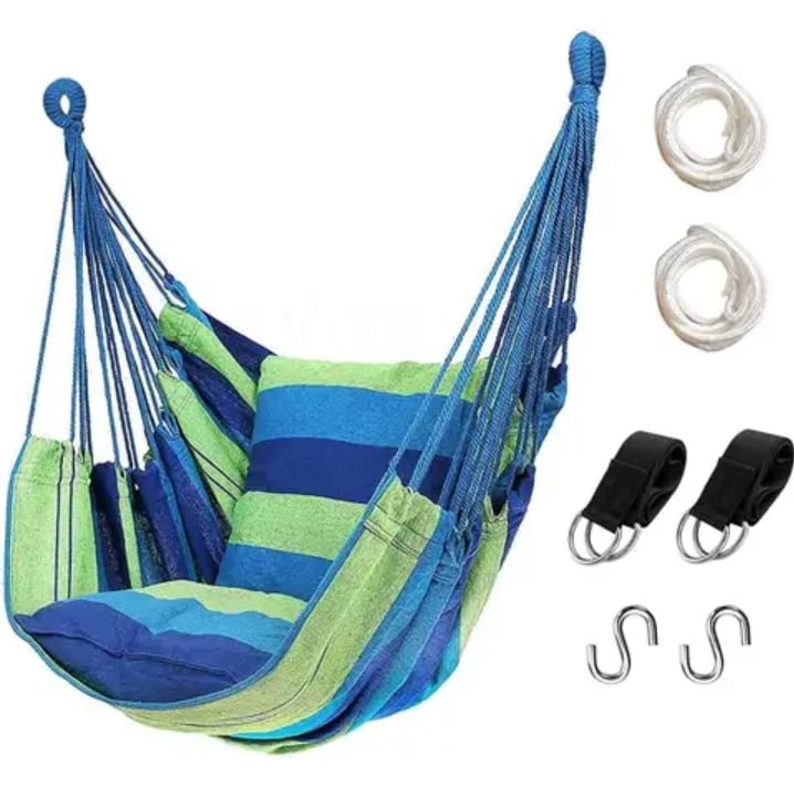 Portable outdoor Hammock with cushions...High density of knitting for Cosy feeling and lasting life...Has two cushions and 34 inches wide seat ...and capacity of 200kgs and size of 130cmx100cm