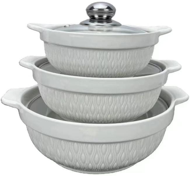 3pcs set ceramic kitchen serving dishes with glass lids....These ceramic serving dishes can be used as serving dishes for prep,salad,pasta,soup and small mixing bowls for cake cookies....Lids keeps fo