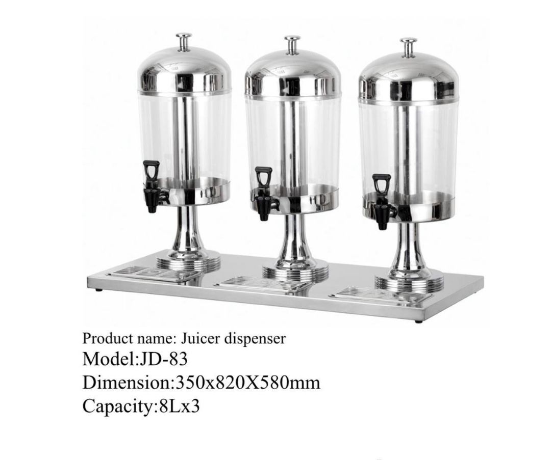 High quality stainless steel kitchen Tripple Juice Dispenser with capacity of 8Litres x 3....Can be used in Big Hotels and Big Occassions
