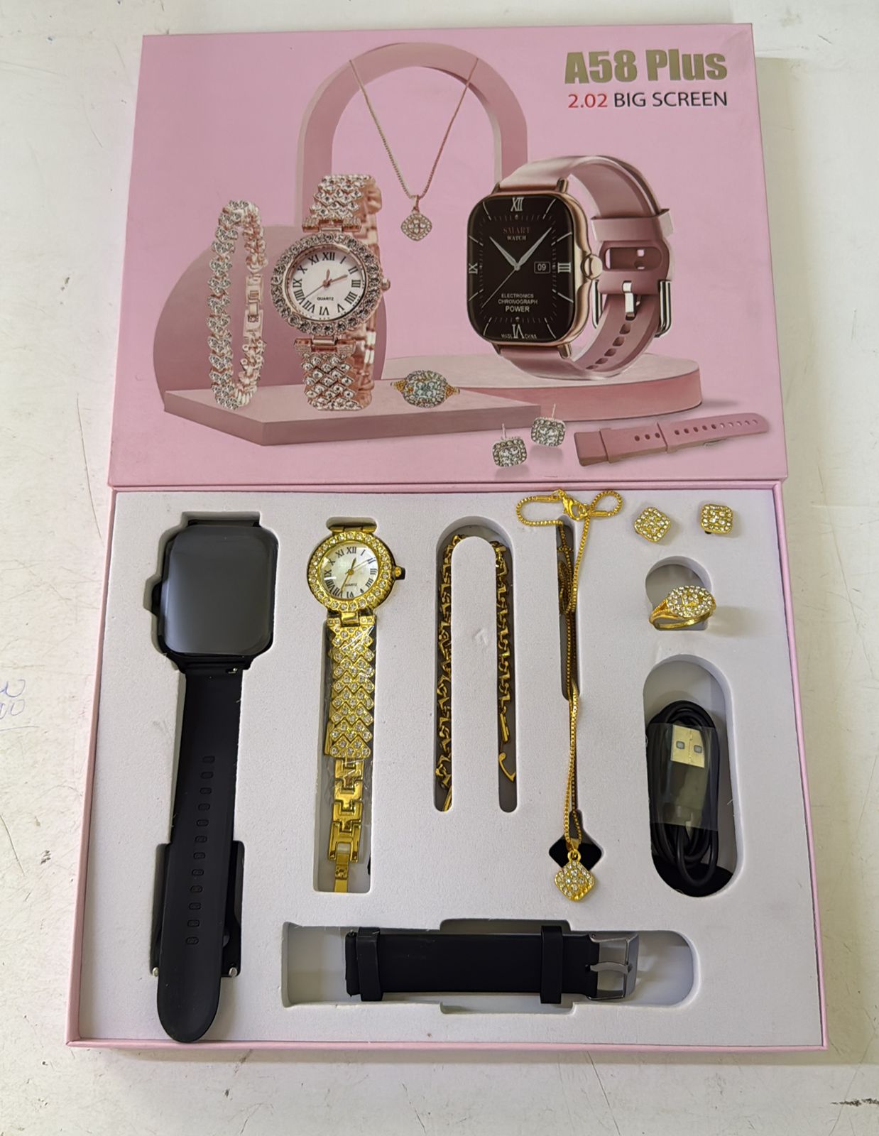 6 IN 1 Smart Watch A58 Plus with - Necklace -Earrings -Bracelet -Ring Luxury Gift Box For Women