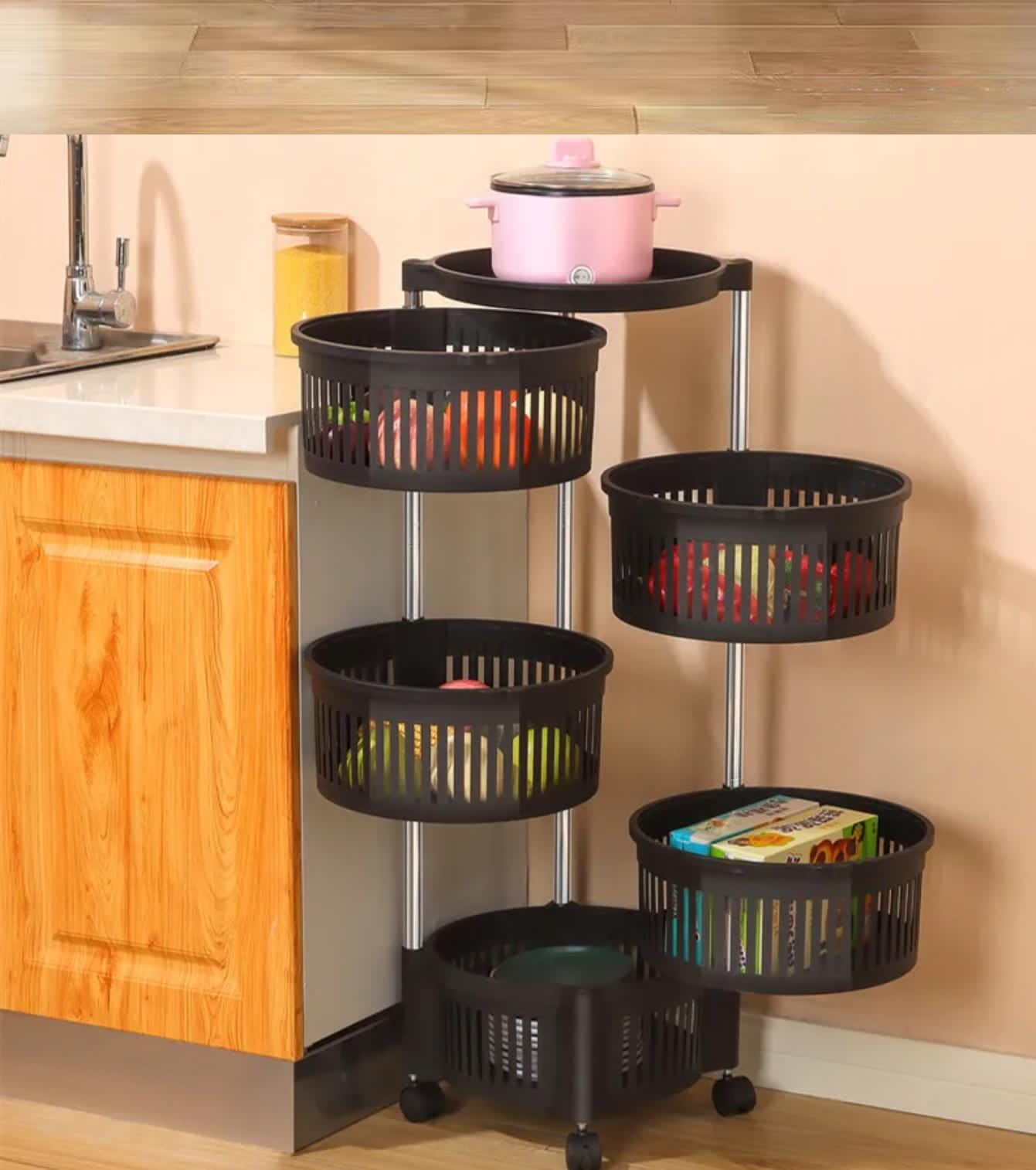 4 tiers plastic fruits/vegetables kitchen corner rack with movable wheels