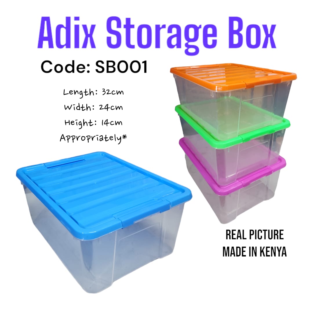 Set of 4pcs Adix home storage box/containers with a capacity of 7 litres....organize and maximize your space with Adix plastic storage boxes...these clear containers with colored lids and secure side