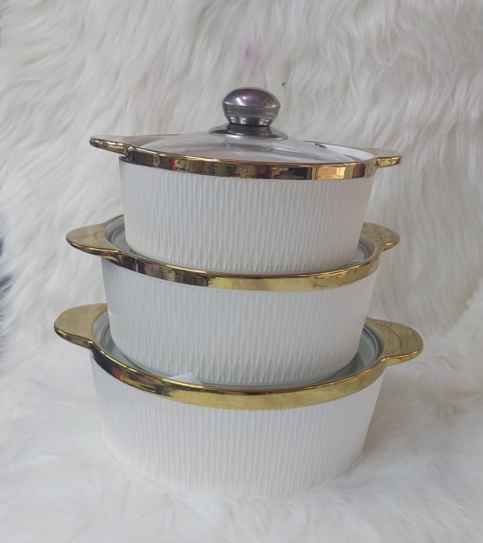 Set of 3pcs elegant ceramic gold kitchen casseroles serving dish with glass cover a