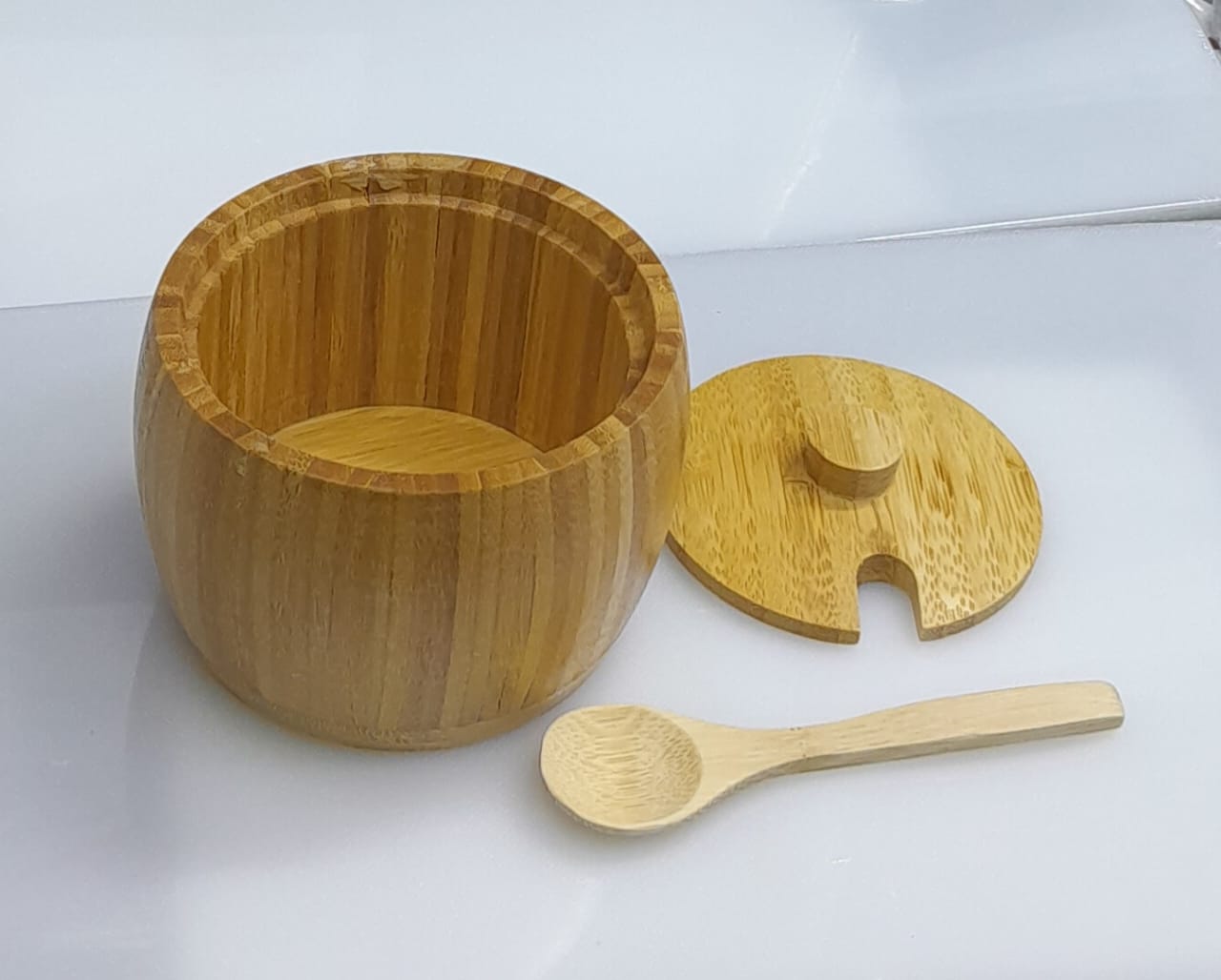 High Bamboo kitchen sugar with bamboo teaspoon...unbreakable and much healthier to use...