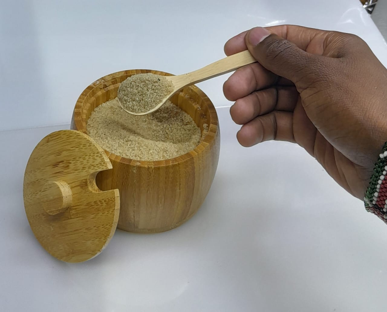 High Bamboo kitchen sugar with bamboo teaspoon...unbreakable and much healthier to use...