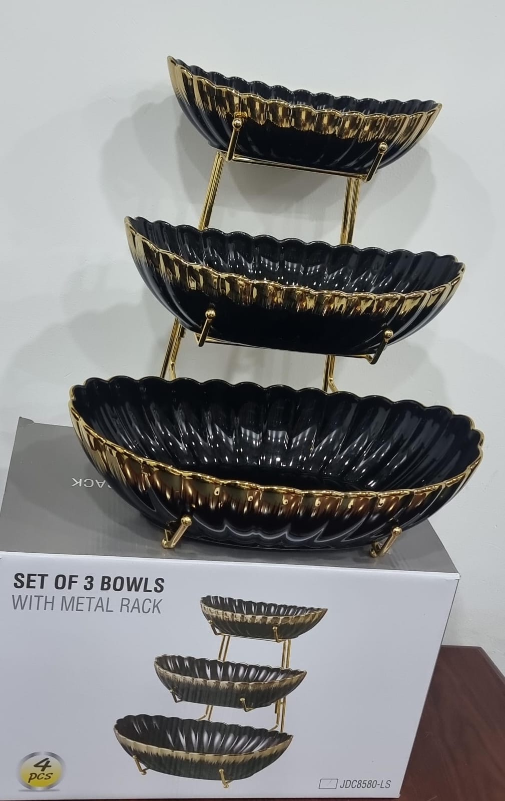 3 layers ceramic kitchen fruits bowls on gold metal rack