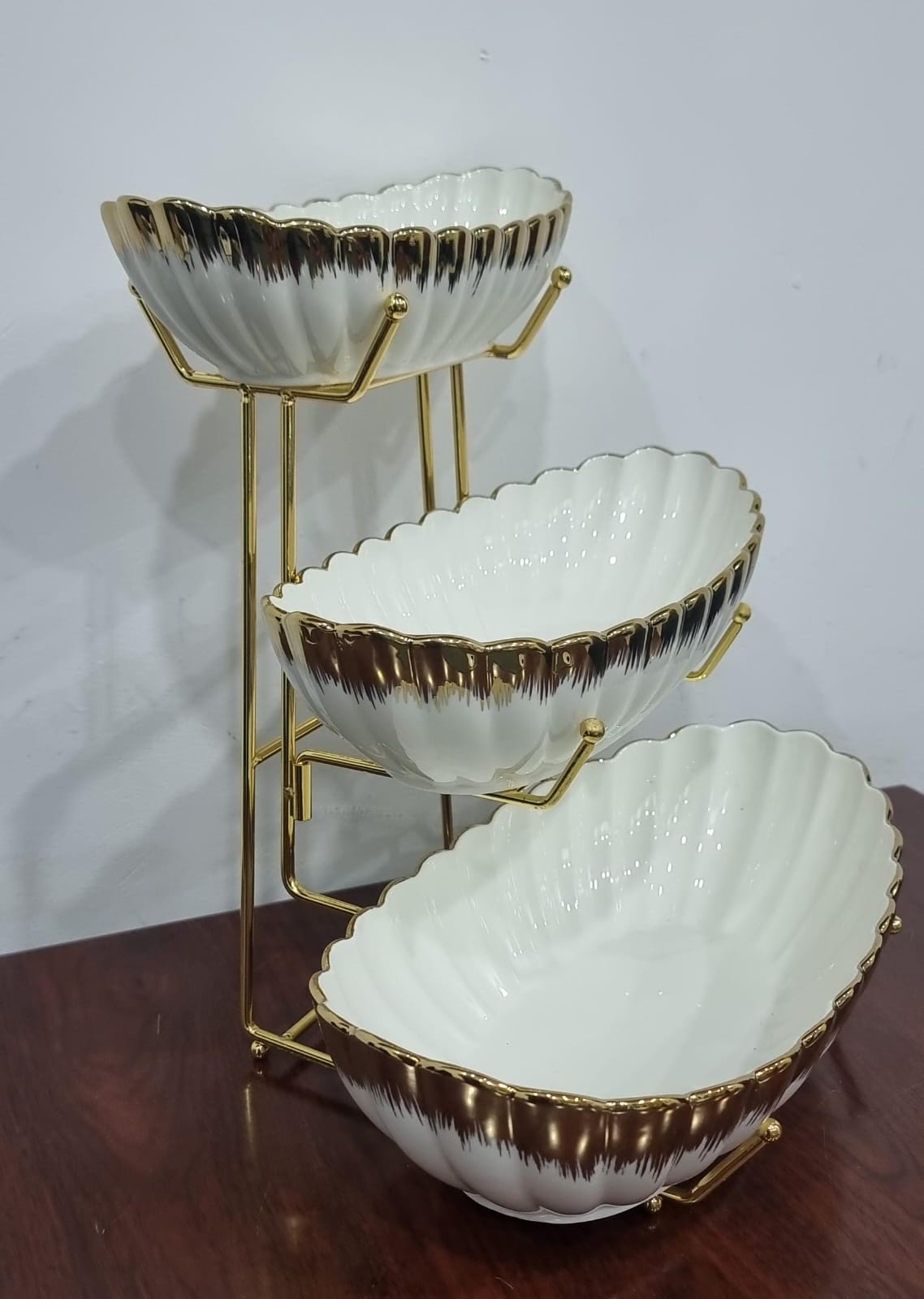 3 layers ceramic kitchen fruits bowls on gold metal rack
