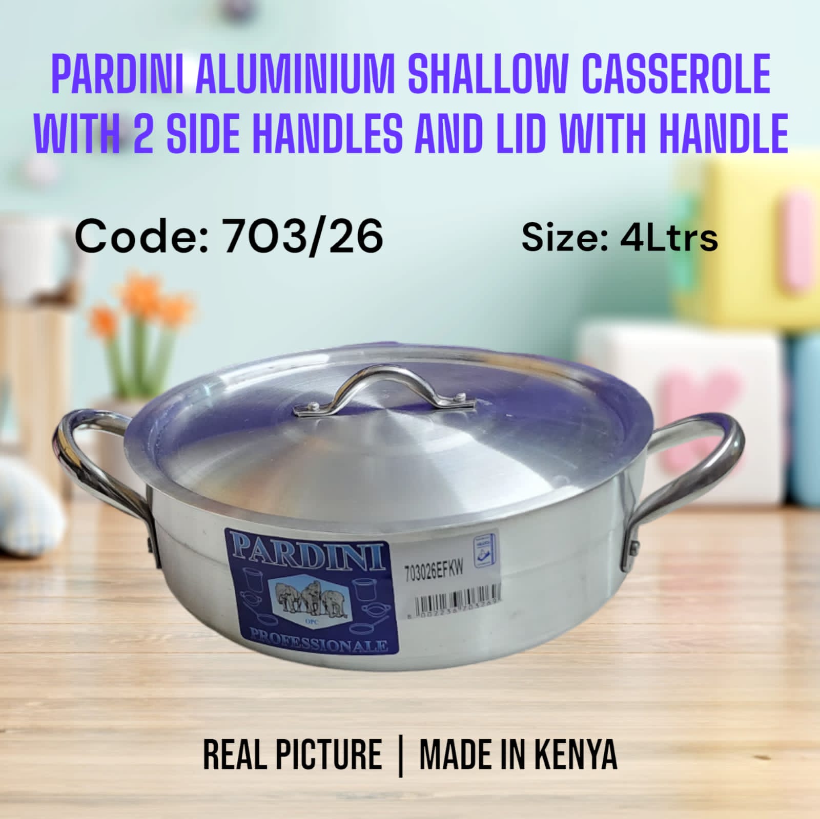 Set of 4pcs Pardini aluminium kitchen shallow casserole with 2 side handles and lid