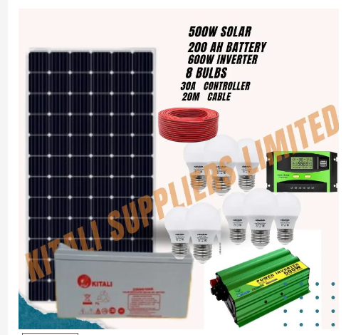 500W Complete Solar Power Kit with 200Ah Battery, 600W Inverter, 30A Charge Controller, 10m Cable & 8 Energy-Saving Bulbs – Reliable Off-Grid Power Solution for Home, Shop & Office