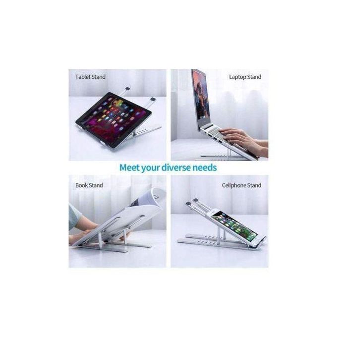 Metallic Creative Foldable Adjustable Laptop Stand Bracket for Laptops, Tablets, and Phones, Strong Metal Construction with Nonslip Silicone Pads, 7 Adjustable Angles, Wide Compatibility Up to 17 Inch