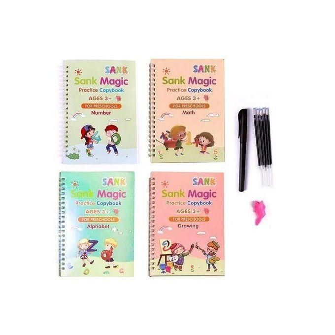 4pcs Sank Magic Practice Copybook Set For Kids – Reusable Handwriting Workbooks With Pen & Grip For Alphabet, Math, Drawing & Numbers
