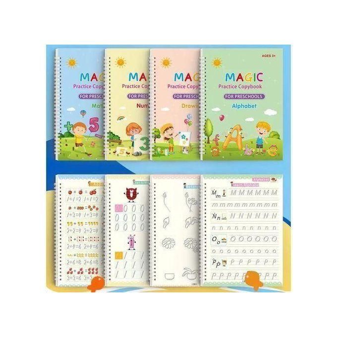 4pcs Sank Magic Practice Copybook Set For Kids – Reusable Handwriting Workbooks With Pen & Grip For Alphabet, Math, Drawing & Numbers