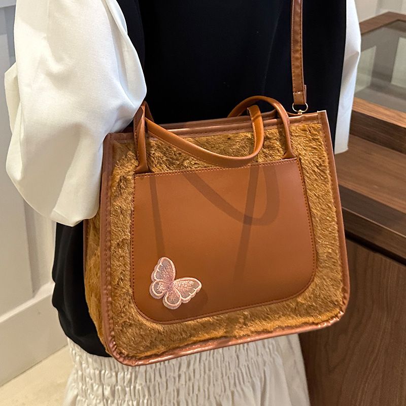 Tote Bags shoulder bag  Butterfly  decorative Mariposa Tote PU leather with Fluffy bag