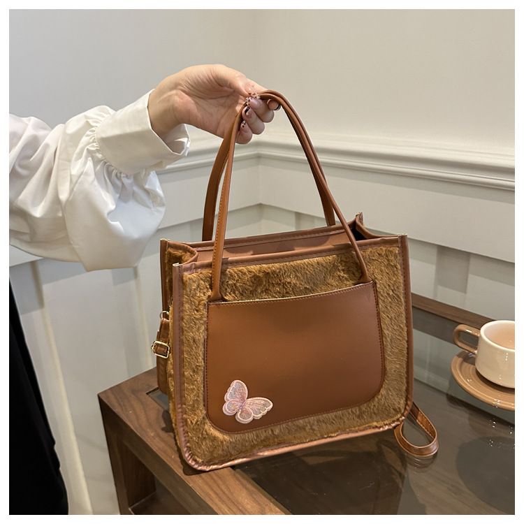 Tote Bags shoulder bag  Butterfly  decorative Mariposa Tote PU leather with Fluffy bag