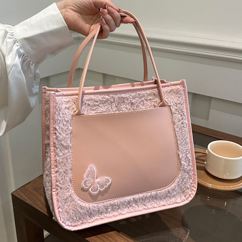 Tote Bags shoulder bag  Butterfly  decorative Mariposa Tote PU leather with Fluffy bag