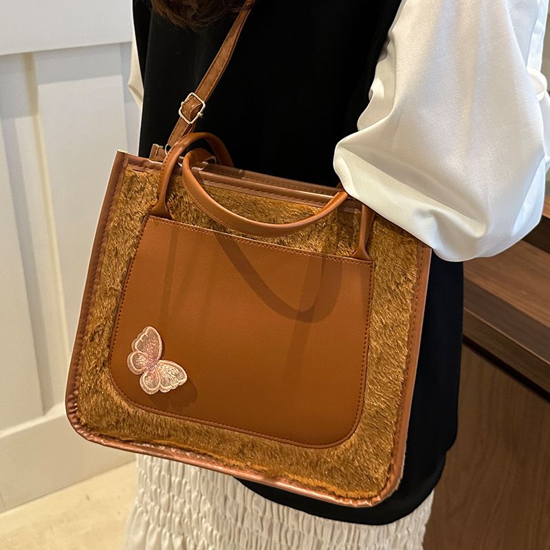 Tote Bags shoulder bag  Butterfly  decorative Mariposa Tote PU leather with Fluffy bag