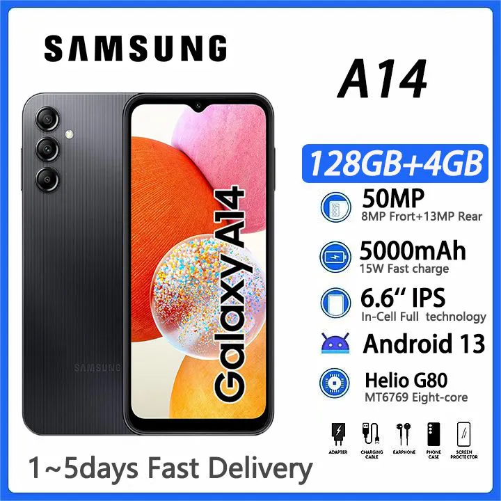 [Hot Deals]Samsung Galaxy A14 128GB+4GB 6.6 inches Android 13 50MP 5000mAh 15W Type-C  MTK  Helio G80 CPU Smart Phone