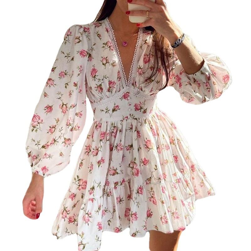 2024 summer women's new foreign trade temperament sweet printing v-neck lace short dresses size S -3xl