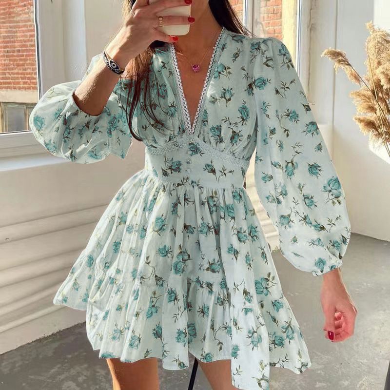 2024 summer women's new foreign trade temperament sweet printing v-neck lace short dresses size S -3xl